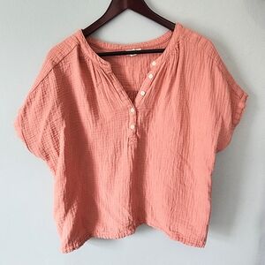 Ana A New Approach 100% Cotton Gauzy Coral Buttons Short Sleeve Top Size XL Tall